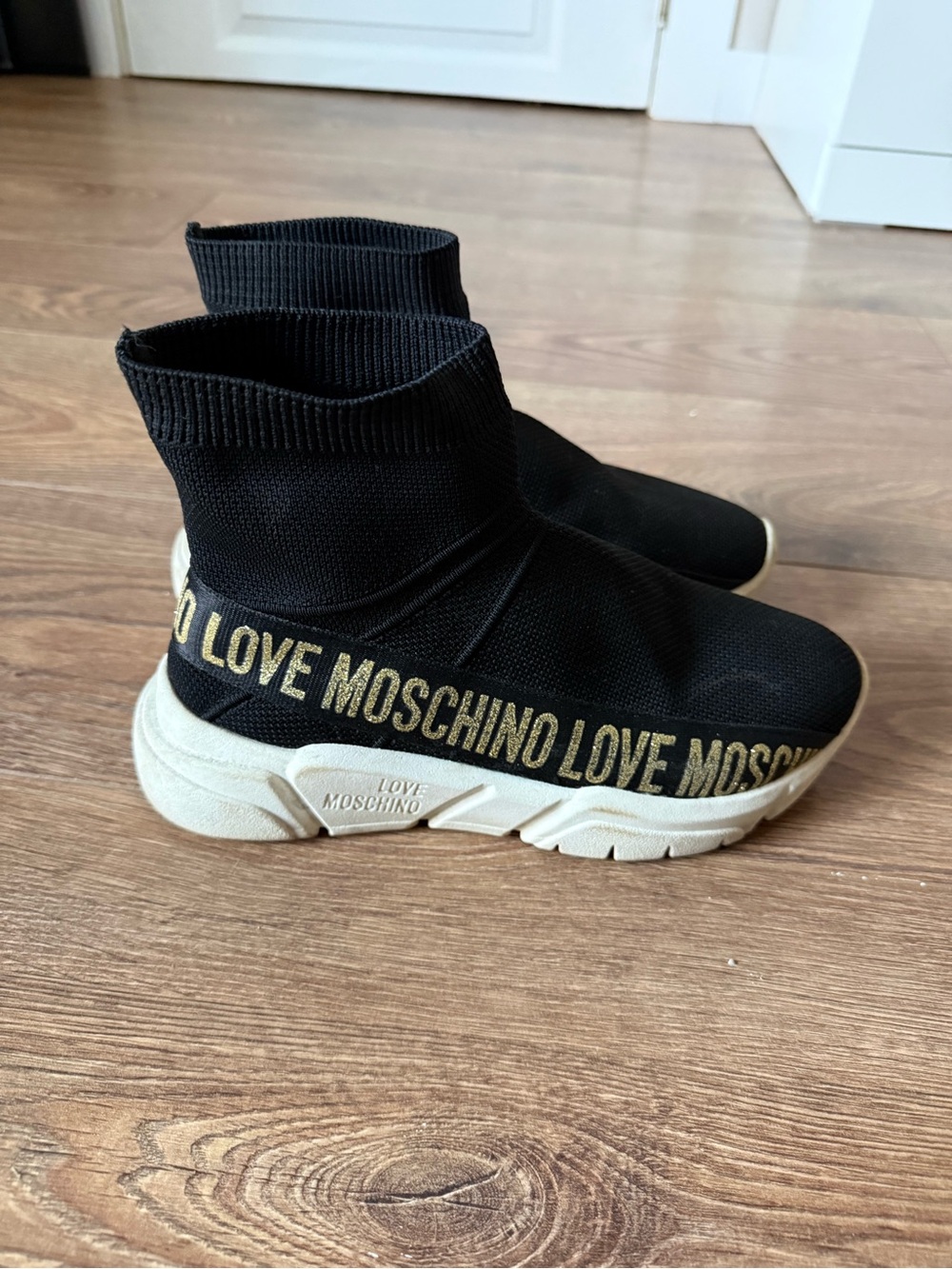 Love Moschino Black Knit Sock Sneakers with Gold Logo Band
